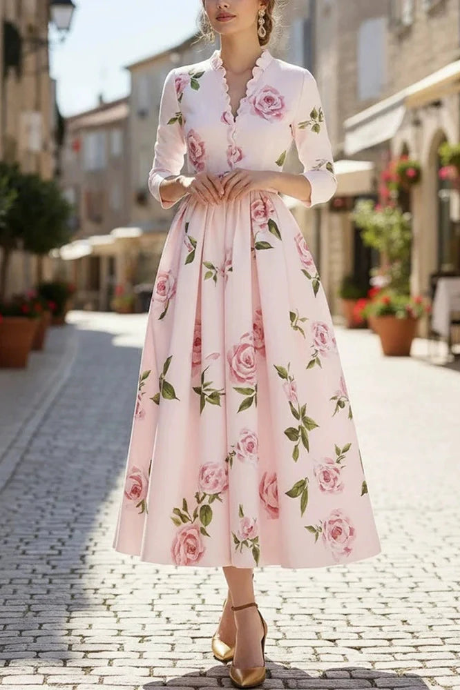 Elegant High Waist A-Line V-Neck Printed Long Sleeve Pleated Midi Dress