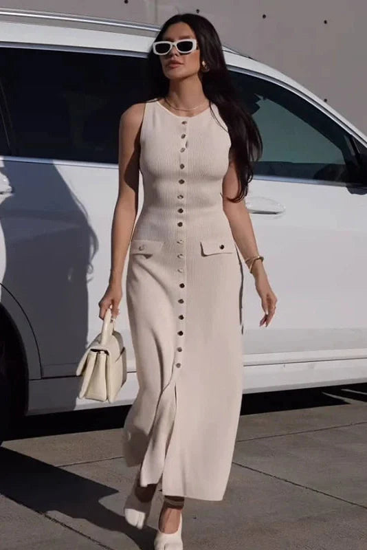 Elegant Sleeveless Single-Breasted Bodycon Knitted Midi Dress