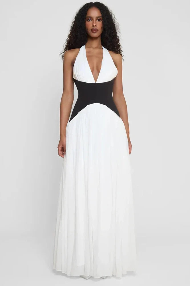 Deep V Neck Backless Patchwork Sleeveless High Waist Maxi Dress