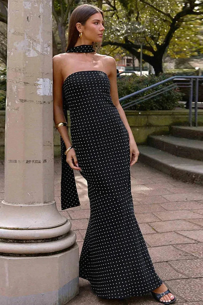 Polka Dot Strapless Scarf Collar Off-Shoulder Sleeveless Maxi Dress