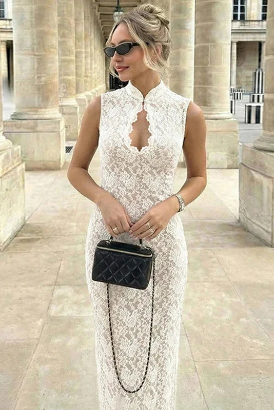 Hollow Out Lace Sleeveless Slim Maxi Dress