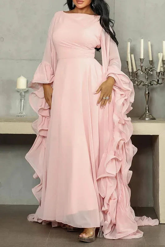 O-Neck High Waist Backless Lace Up Long Sleeve Maxi Dress
