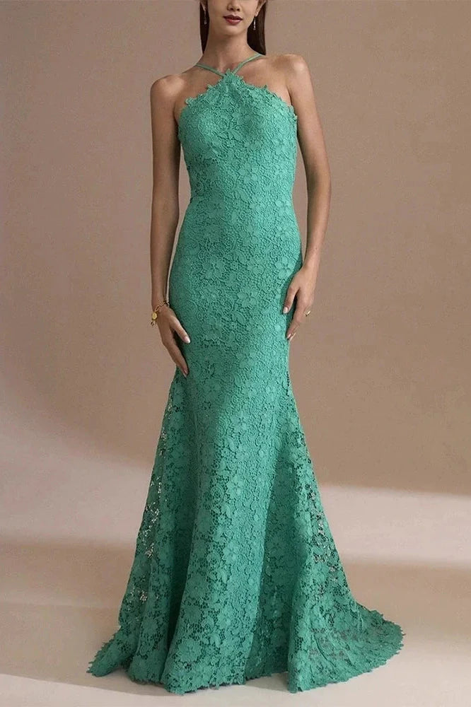 Elegant Sleeveless Fit Backless Off-Shoulder Lace Embroidery Maxi Dress