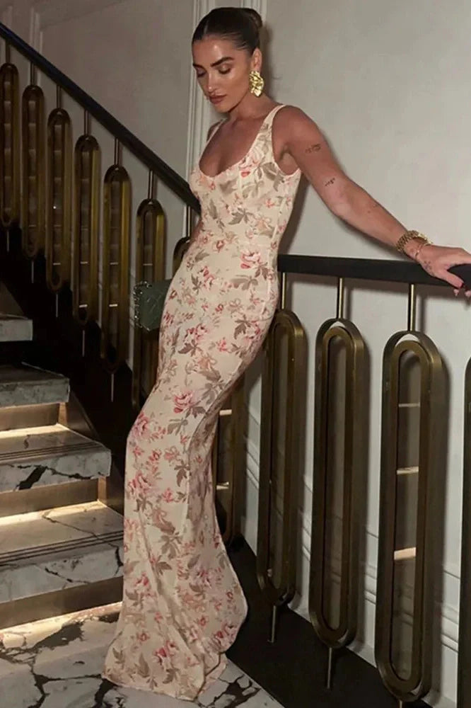 Backless Print Sleeveless High Waist Bodycon Maxi Dress