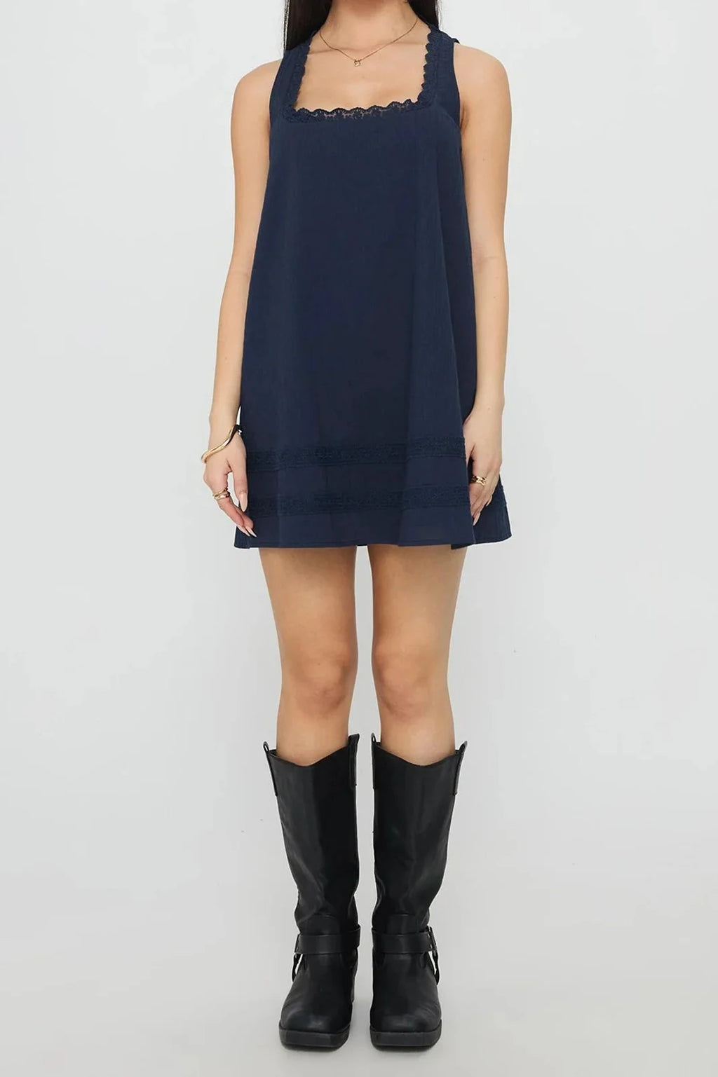 Lace Patchwork Square Neck Sleeveless Loose Mini Dress