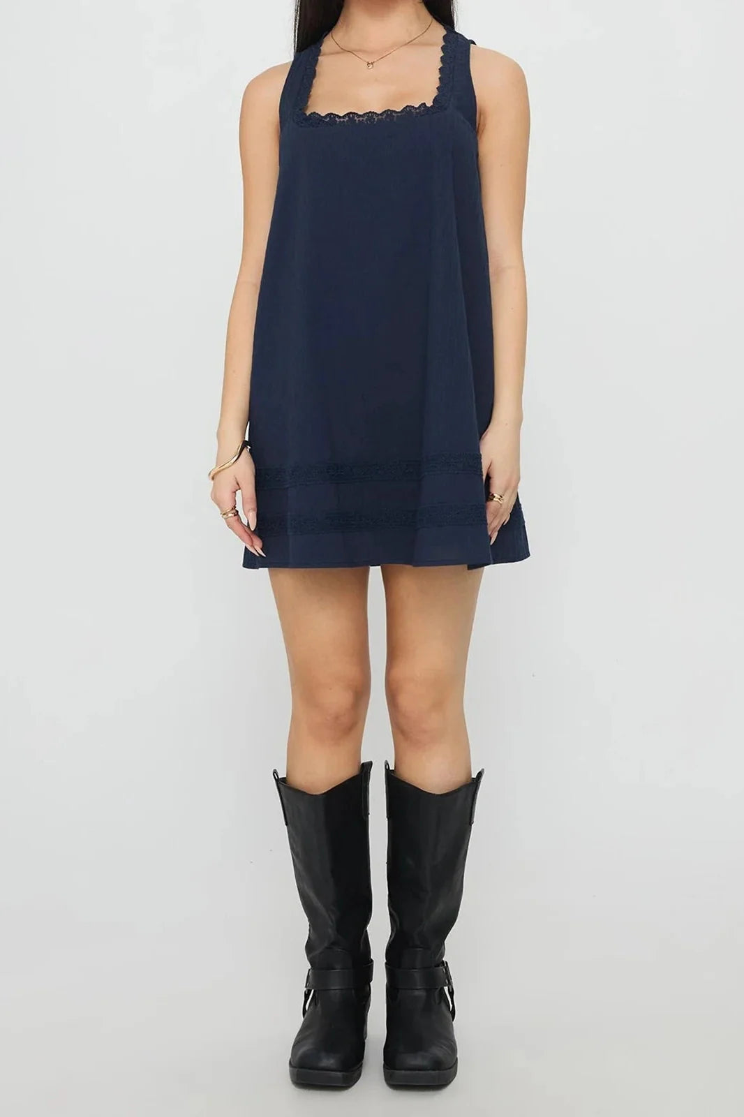 Lace Patchwork Square Neck Sleeveless Loose Mini Dress