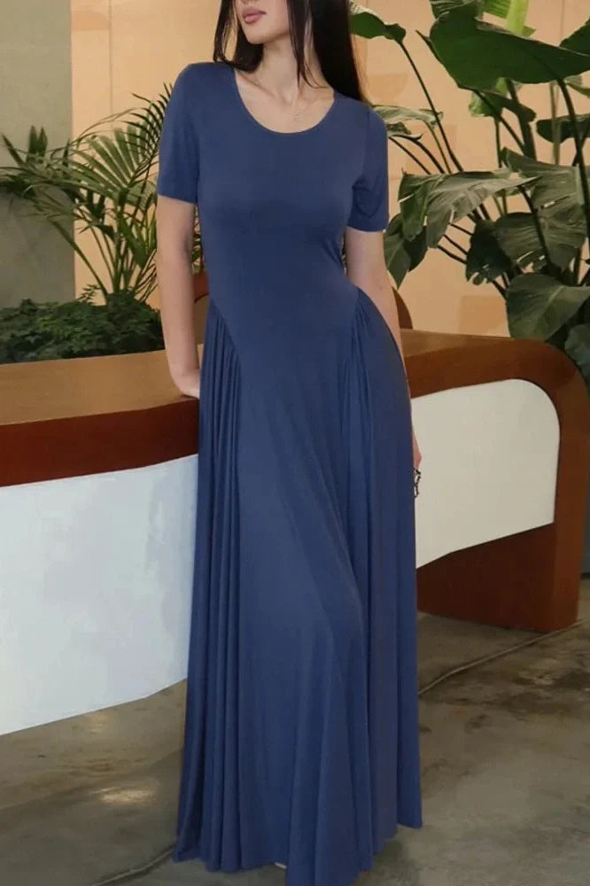 Short Sleeve O Neck High Waist Pleated Maxi Dress