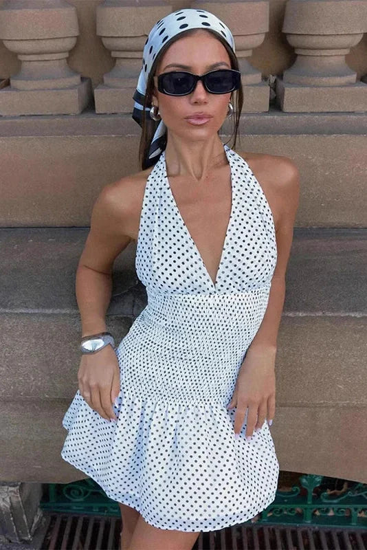 Polka Dot Lace-Up Pleated Waist Backless Mini Dress