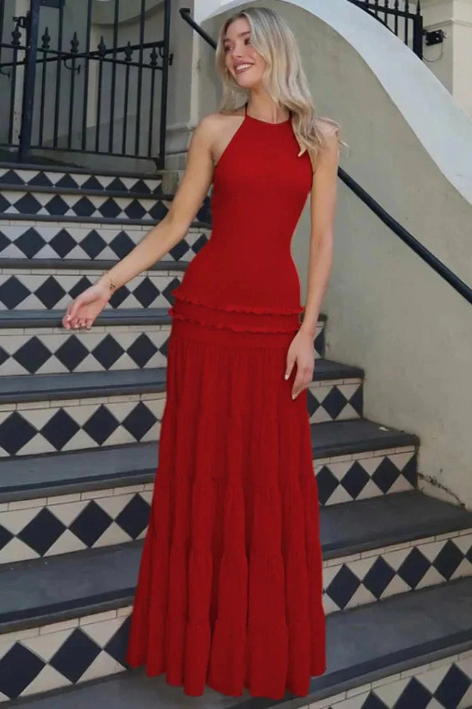 Backless Pleated Sleeveless High Waist Lace-Up A-Line Maxi Dress