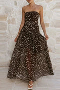 Sleeveless Pleated Printed Off-Shoulder Maxi Dress