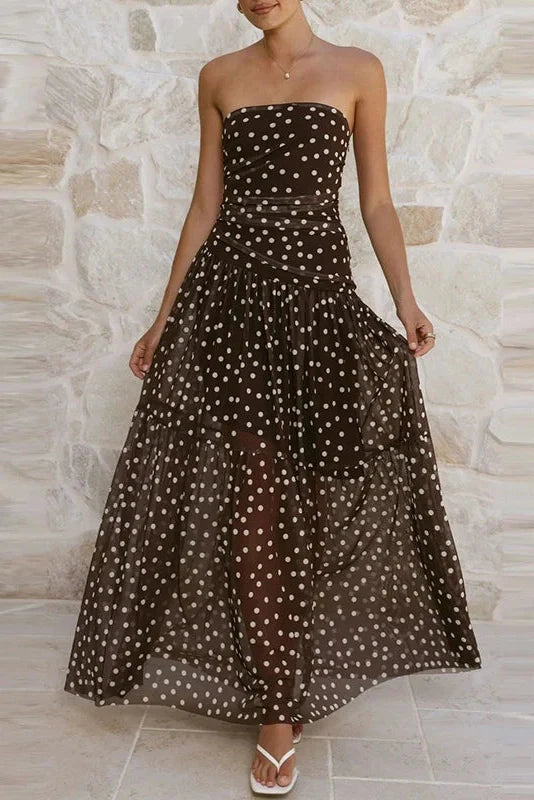 Sleeveless Pleated Printed Off-Shoulder Maxi Dress