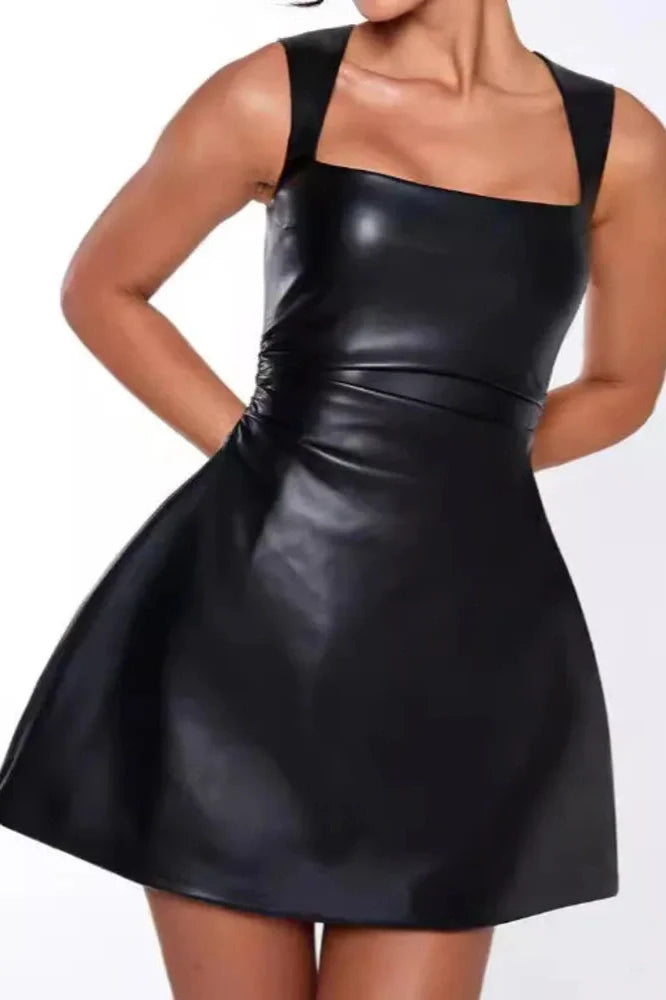 PU Leather Square Collar Sleeveless High Waist A-line Mini Dress