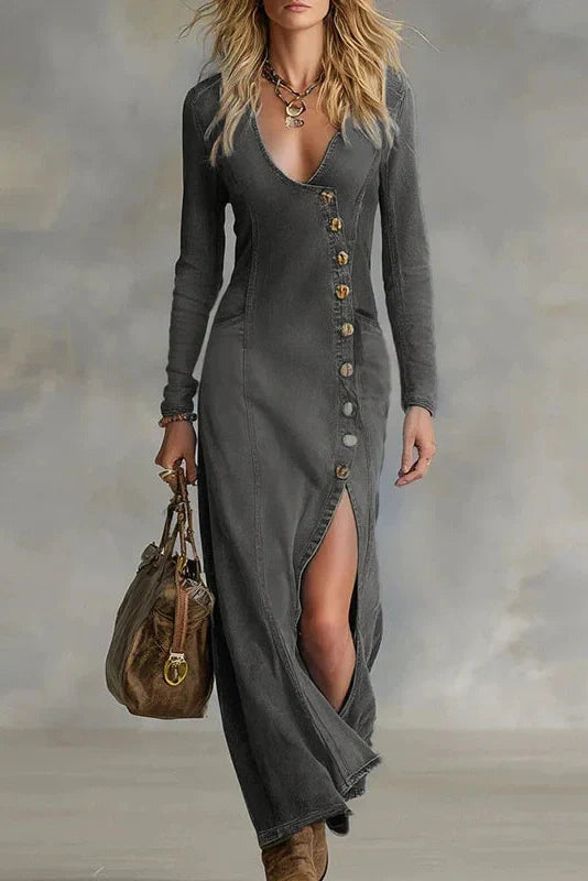 V-Neck Long Sleeve Single Breasted Slim Maxi Dress