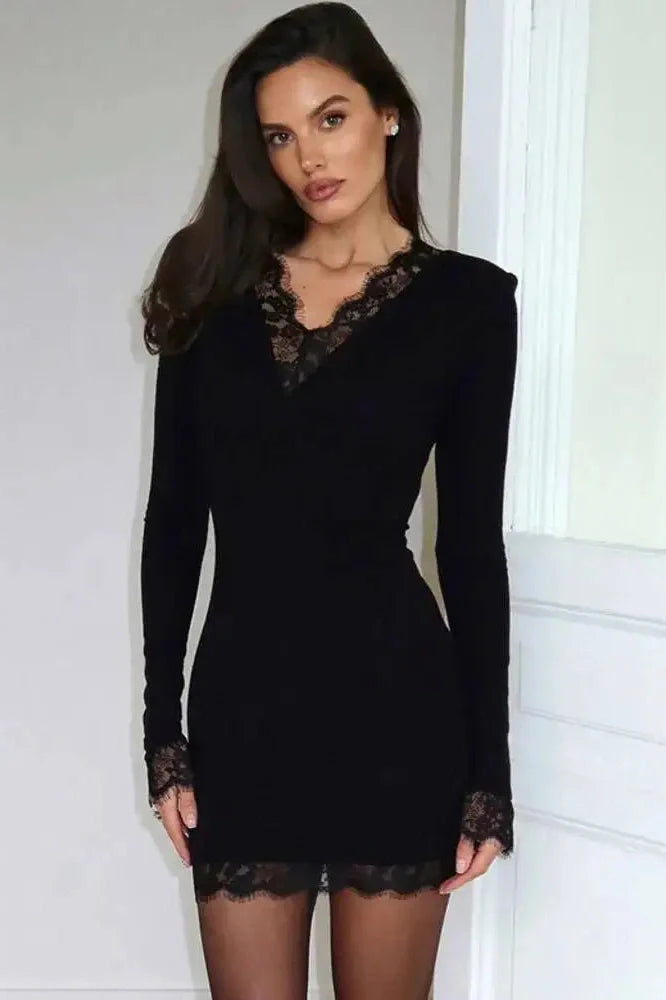Lace V Neck Long Sleeve Patchwork Bodycon Mini Dress