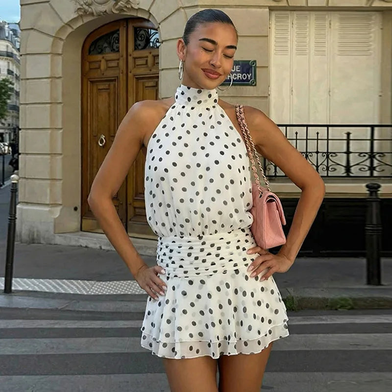 Polka Dot Print Backless Lace Up Mini Dress