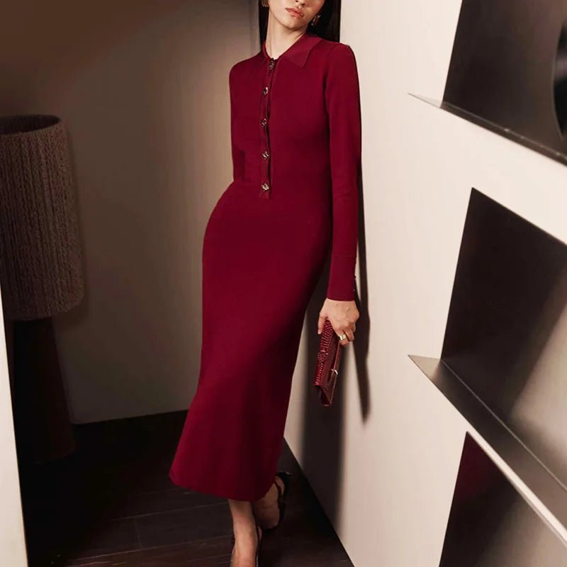 Button Lapel Collar High Waisted Long Sleeve Midi Dress