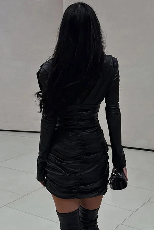 Pleated Long-Sleeved V-Neck Slim Patchwork Mini Dress