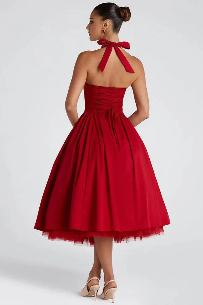 Backless Square Collar Sleeveless High Waist A-Line Midi Dress