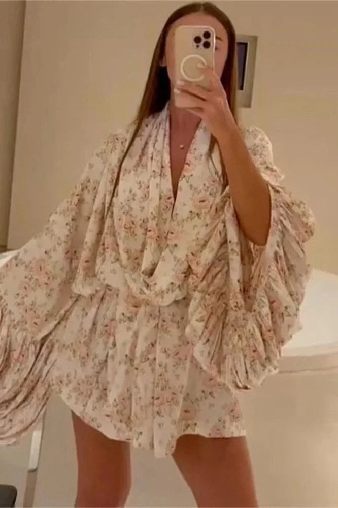 Printed V-Neck Lace-Up Patchwork Loose Mini Dress