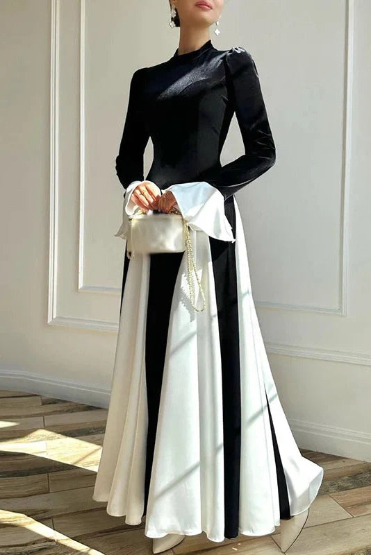 Flared Sleeve Patchwork High Waist O Neck Maxi Dress