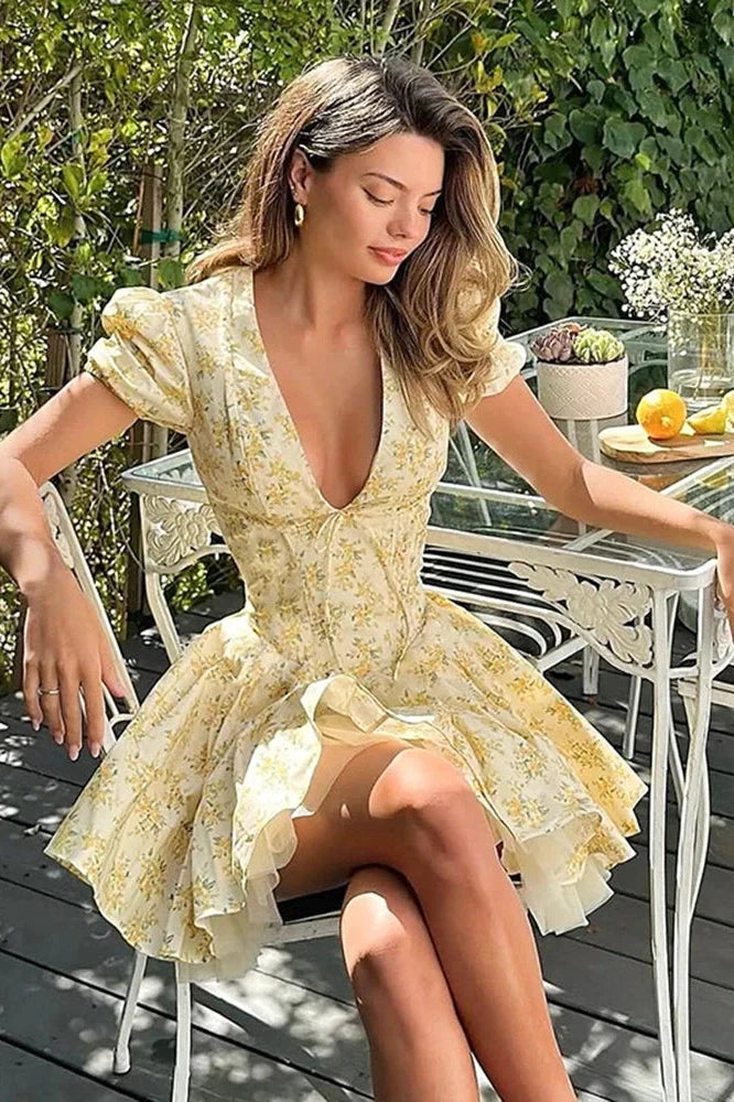 Printed Deep V Neck Patchwork Short Sleeve Mini Dress