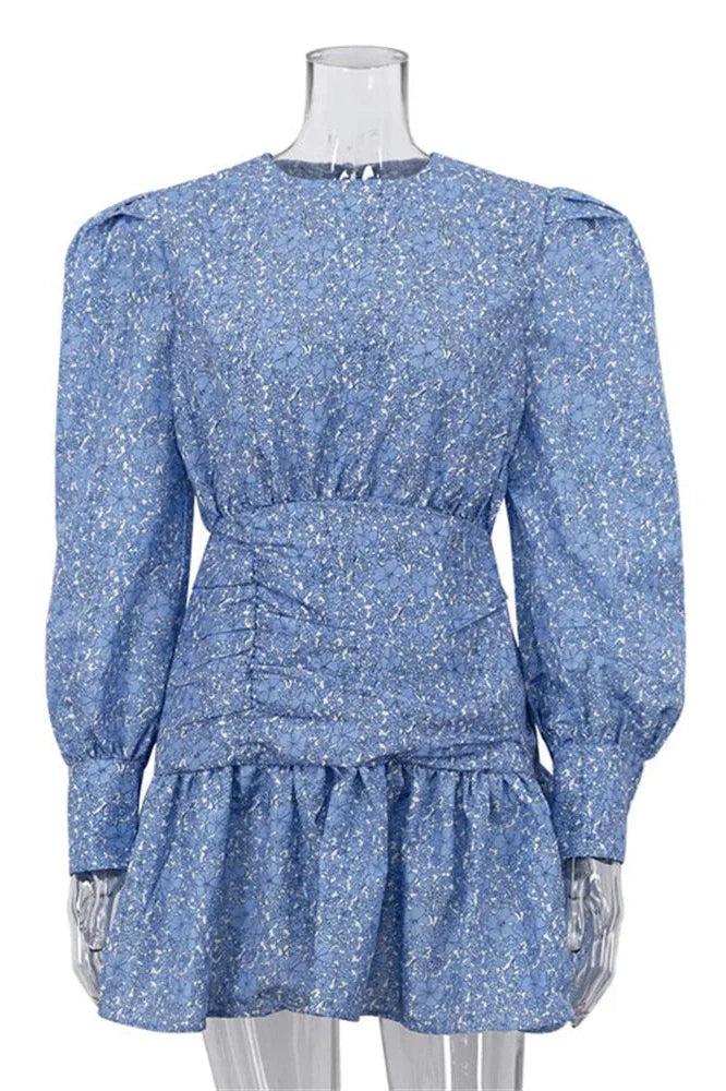 Printed Long Sleeve Pleated Patchwork Slim Mini Dress