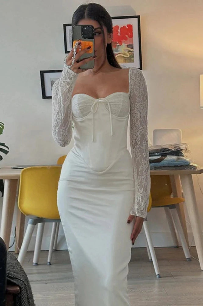 Elegant Slim Lace Long Sleeve Lace Up Maxi Dress