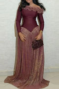 Long Sleeve Slash Collar Slim Pleat Maxi Dress