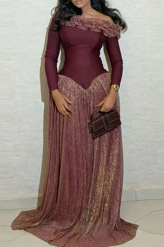 Long Sleeve Slash Collar Slim Pleat Maxi Dress