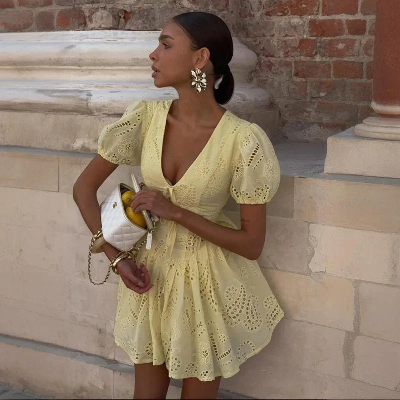 Lace Up V Neck Short Sleeve A-Line Mini Dress