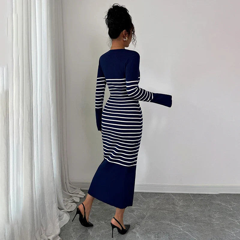 Striped Knitted V-Neck Long Sleeve Midi Dress