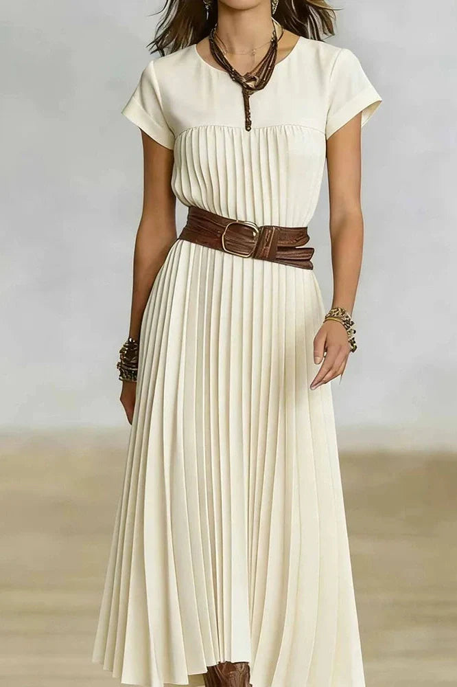 O-Neck Short Sleeve Pleated Loose High Waist Midi Dress