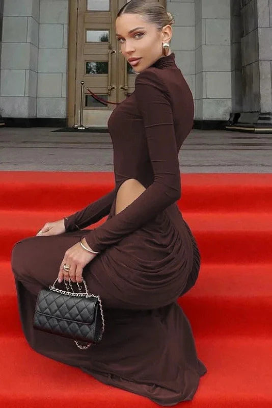 Elegant Hollow Waist Pleated Long Sleeve Slim Maxi Dress