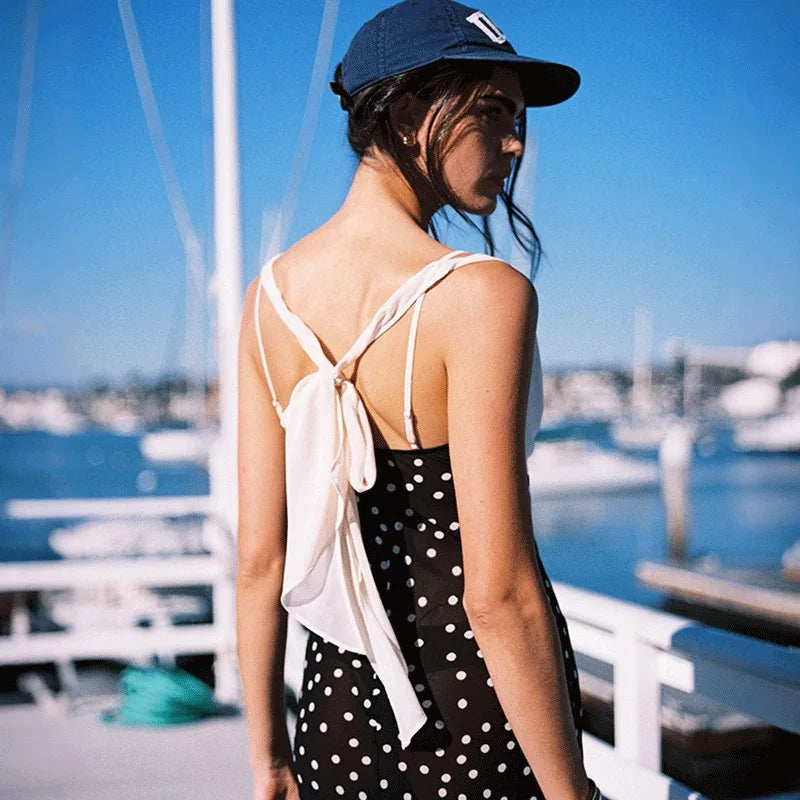 Polka Dot V-Neck Lace-Up Maxi Dress