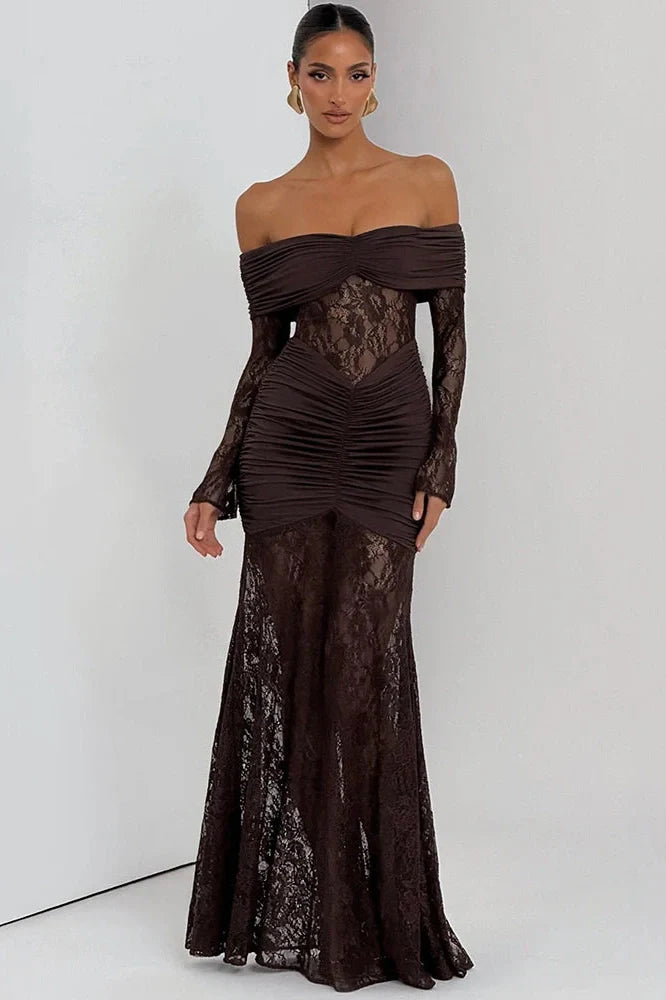 Off-Shoulder Long Sleeve Lace See Through Strapless Bodycon Maxi Dress