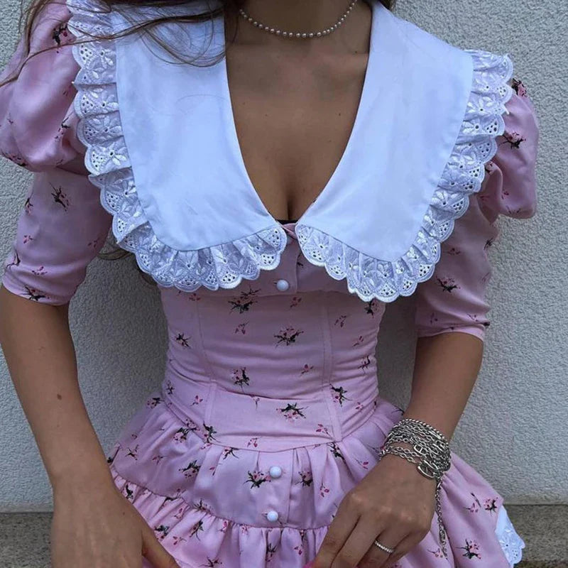 Short Sleeve Lace High Waist Mini Dress