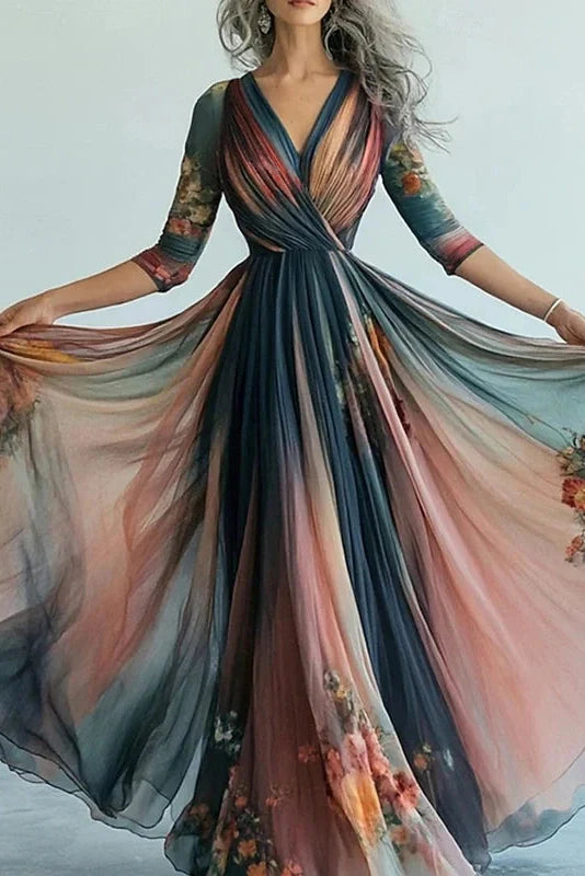 Elegant Pleated V Neck Long Sleeve Printed Maxi Dress