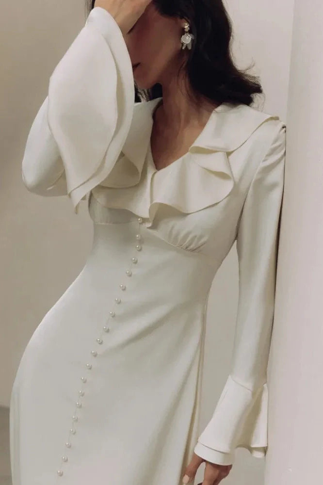 Elegant V Neck Slim Long Sleeve High Waist Midi Dress
