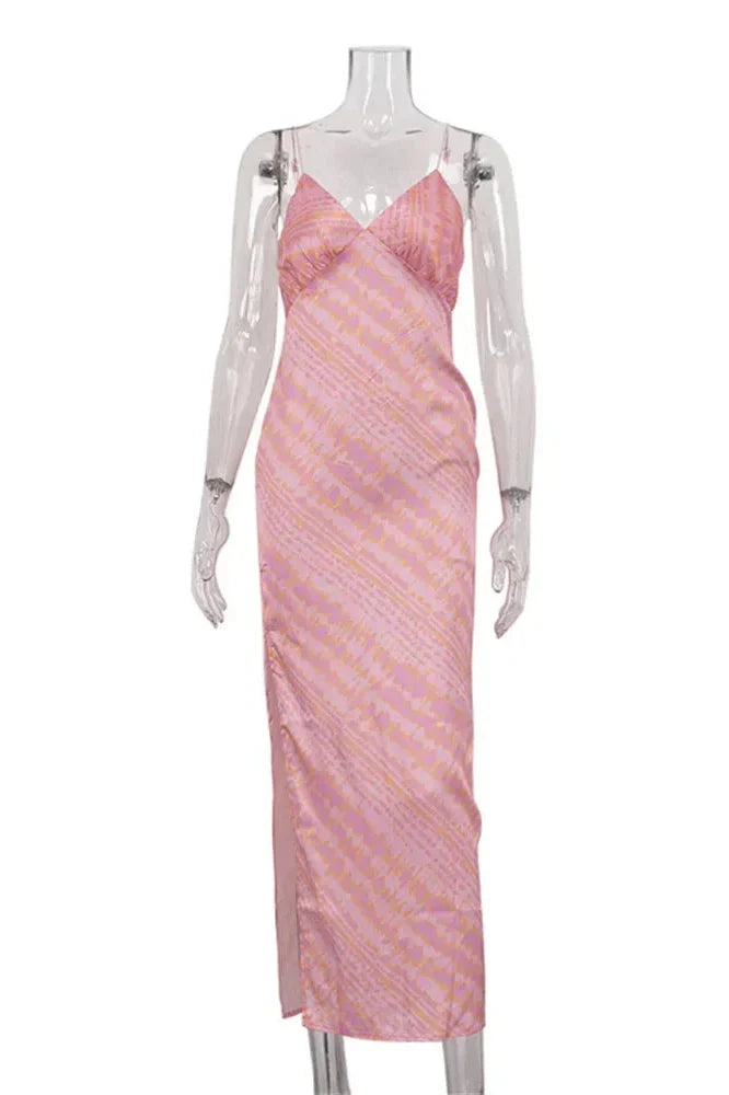 Printed V-Neck Backless Split Maxi Dress