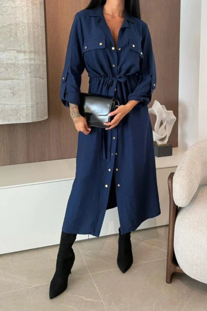 Elegant Single Breasted Lace Up High Waist Midi Dress