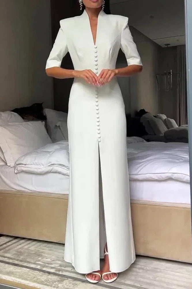 Slim Half Sleeve High Waist Split V-Neck Single Breasted Maxi Dress