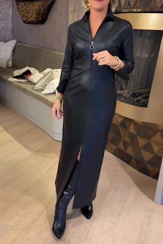 Zipper Long Sleeve Bodycon PU Leather Maxi Dress