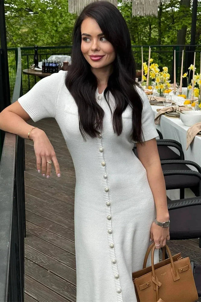 Elegant Short Sleeve Slim High Waist Midi Dress