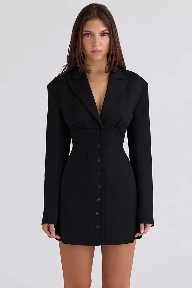Long Sleeve Single-Breasted V Neck High Waist Mini Dress