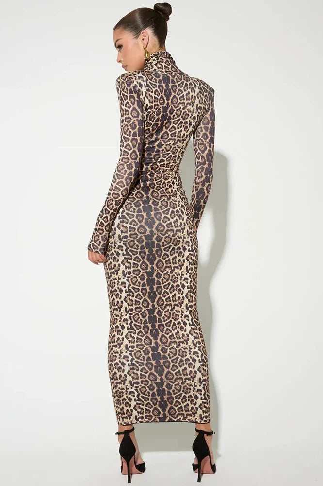 Leopard Print Long Sleeve Turtleneck Maxi Dress