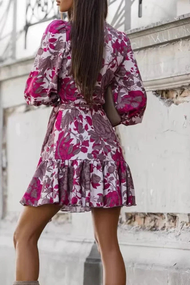 V-Neck High Waist Printed Pleat Long Sleeve Mini Dress
