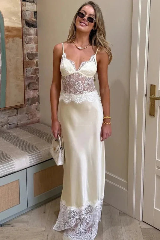 Hollow-Out Lace Deep V-Neck Backless Slim Straps Maxi Dress