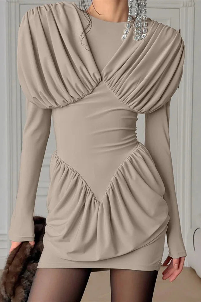 Pleated Patchwork Long Sleeve Bodycon Mini Dress