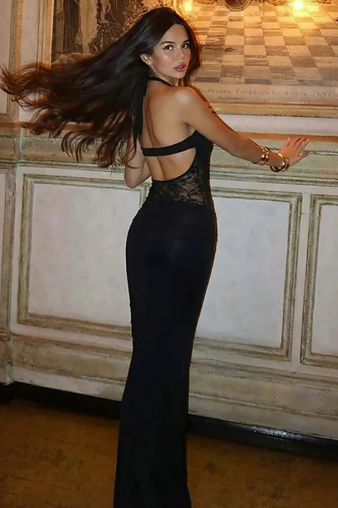Backless Lace See Through Square Collar Sleeveless Bodycon Maxi Dress