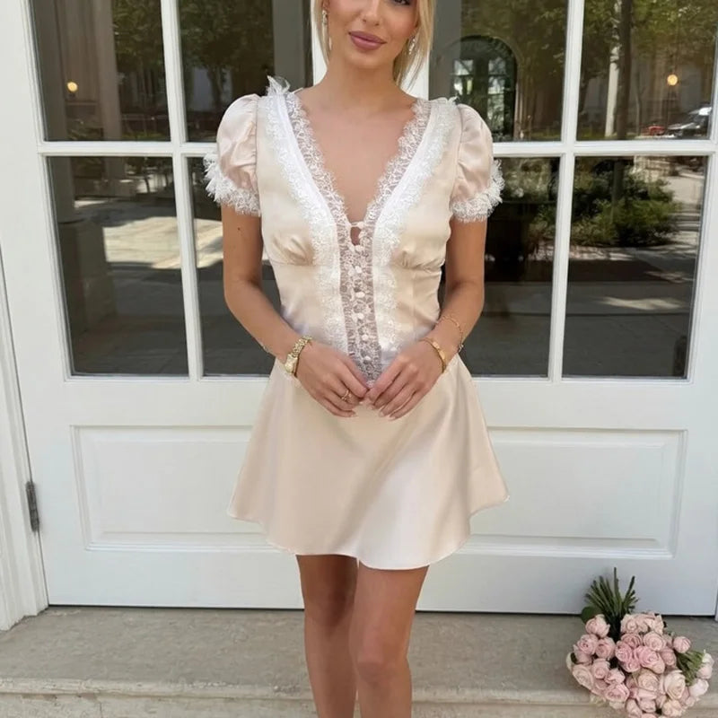 V-Neck Hollow Out High Waist Patchwork Mini Dress